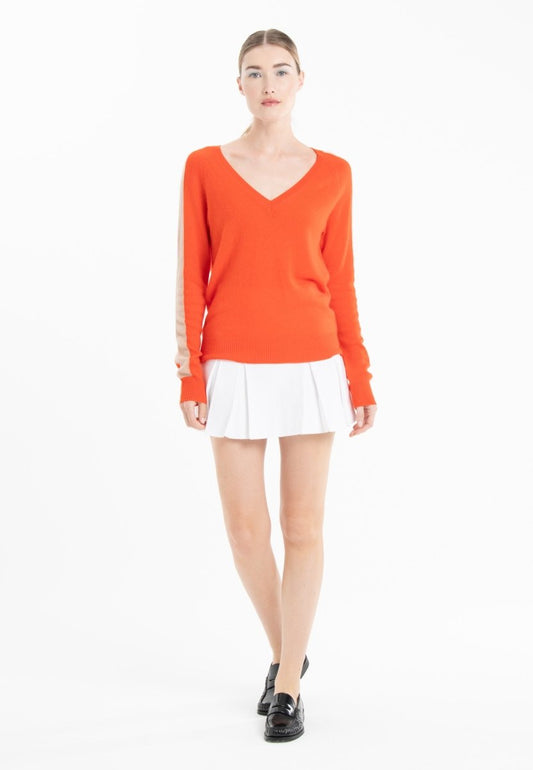 Pull col V femme en cachemire mandarine & camel clair - RIA 1