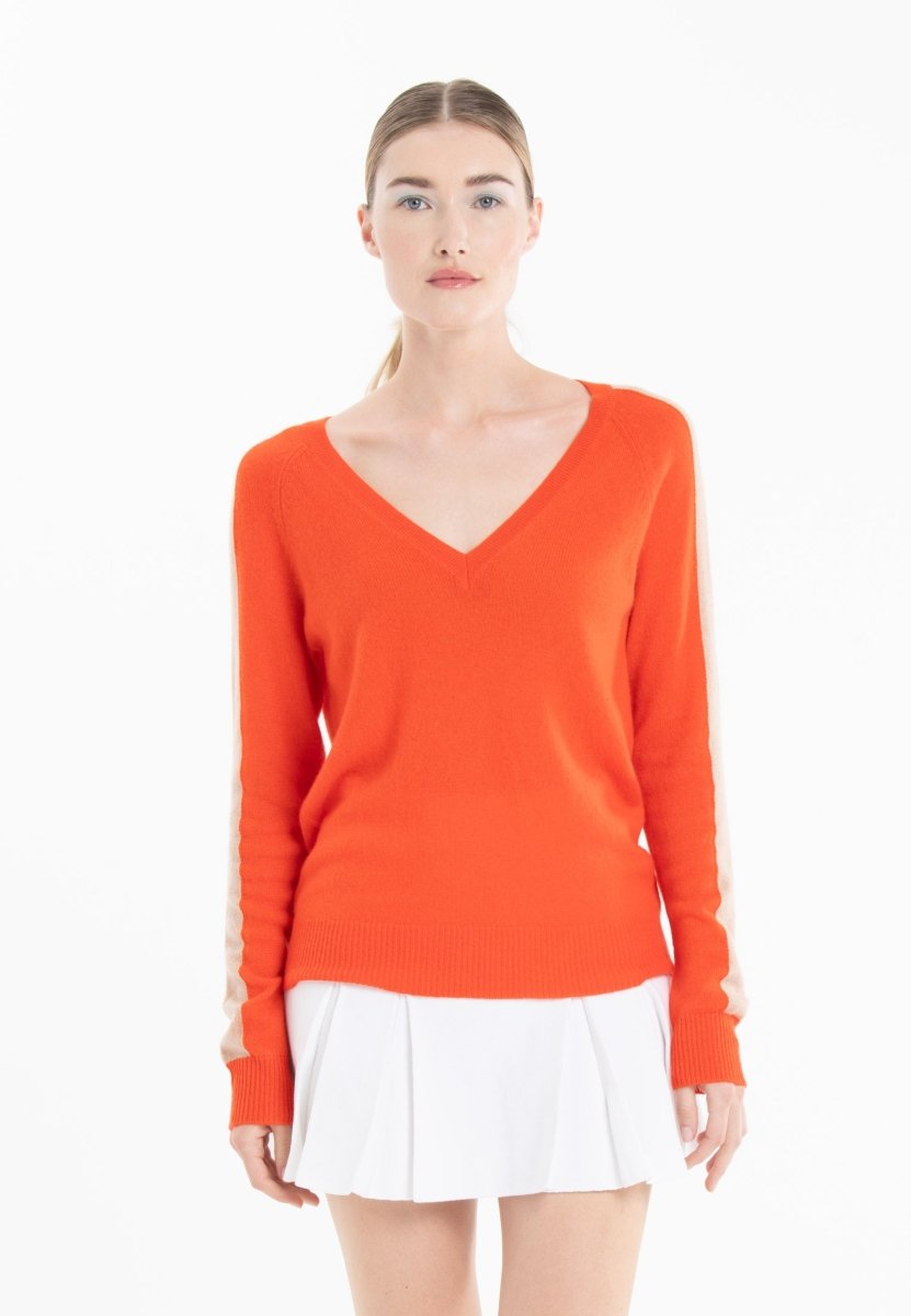 Pull col V femme en cachemire mandarine & camel clair - RIA 1