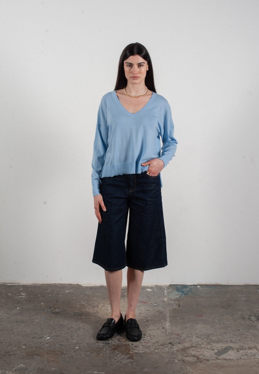 Pull col V femme en cachemire & laine ultrafin bleu ciel - KELLY 10
