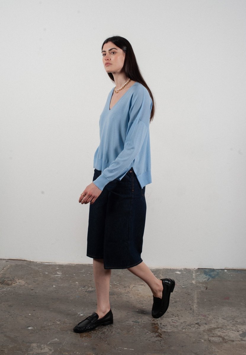 Pull col V femme en cachemire & laine ultrafin bleu ciel - KELLY 10