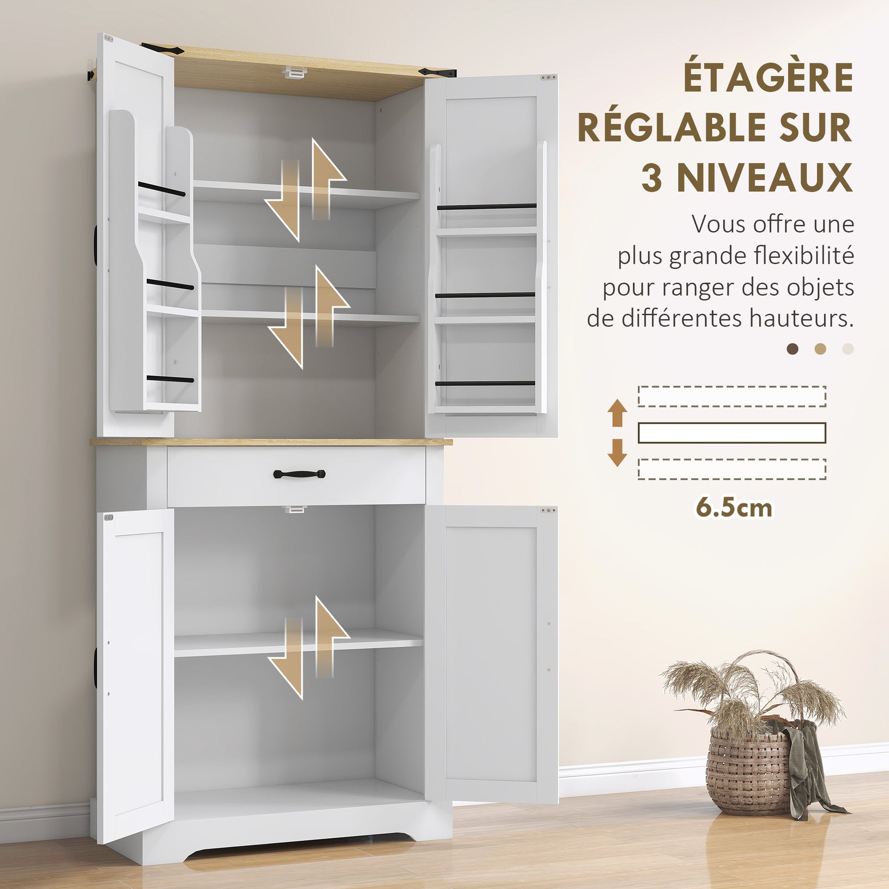 Armoire de cuisine buffet cuisine, 4 portes, 6 étagères à porte,1 tiroir et étagères réglables 76,5 x 40 x 181 cm blanc