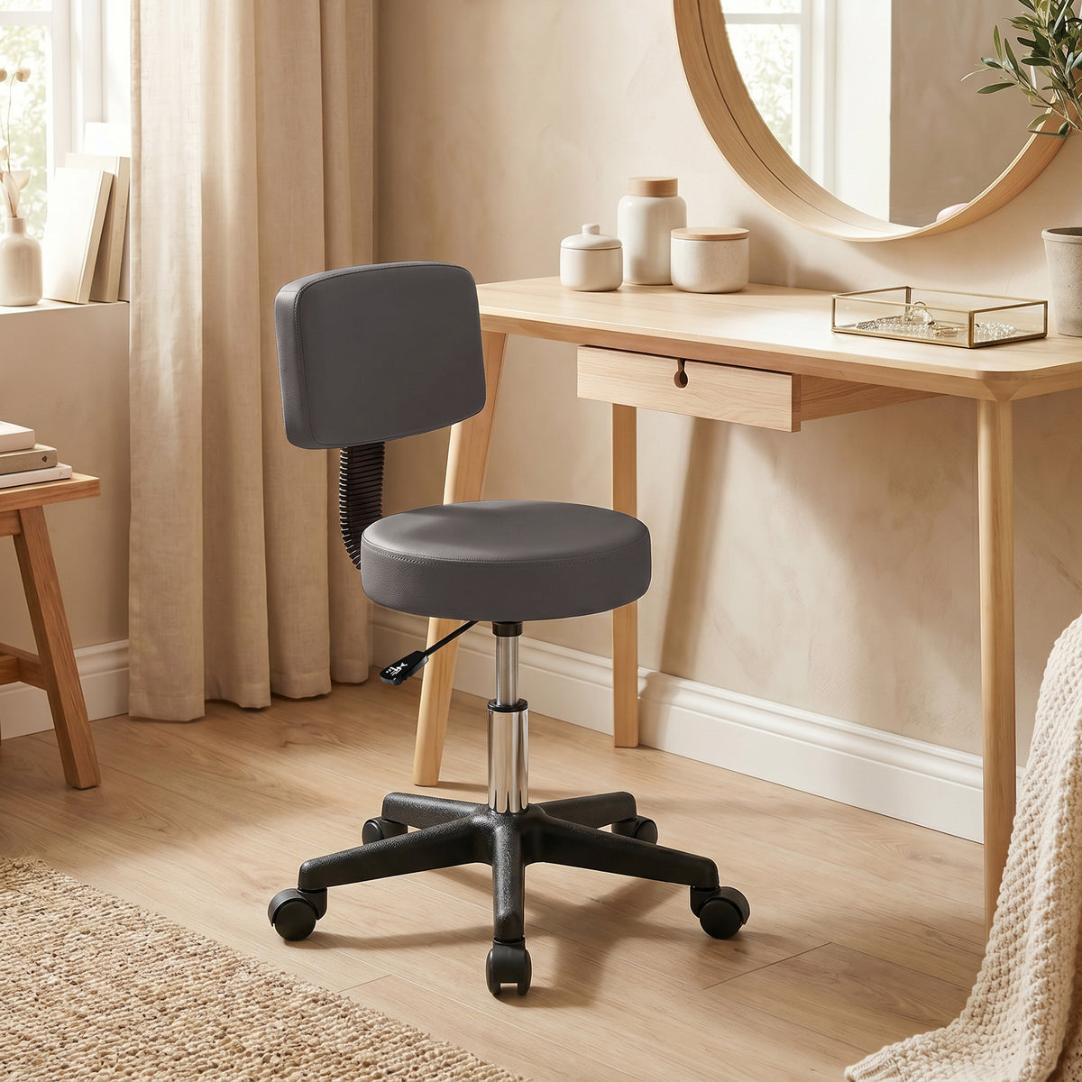 Tabouret massage a roulettes reglable en hauteur pivotant avec dossier ergonomique gris