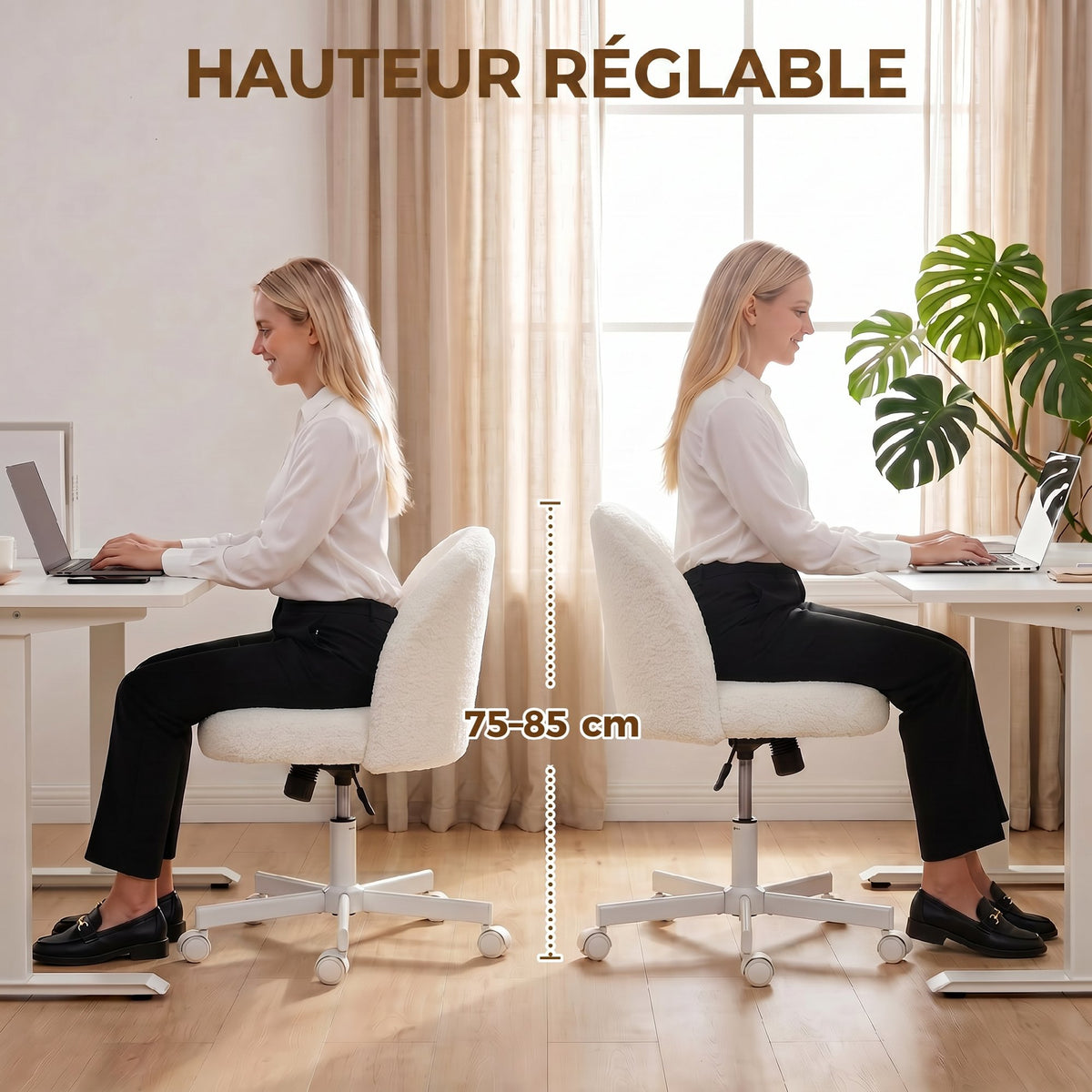 Chaise de Bureau Ergonomique, Fauteuil de Bureau Inclinable en Tissu Bouclette Sans Accoudoirs, Hauteur Réglable, Crème
