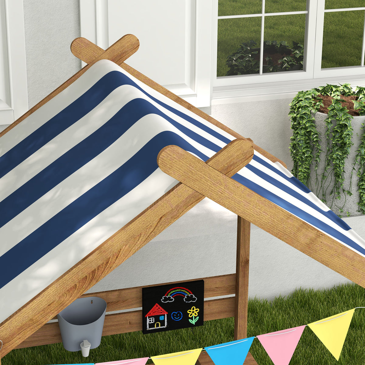 Holz-Sandkasten in Hausform für Kinder mit Vordach, 2 Becken, Spüle und Tafel, 124 x 116 x 146 cm, Schwarz