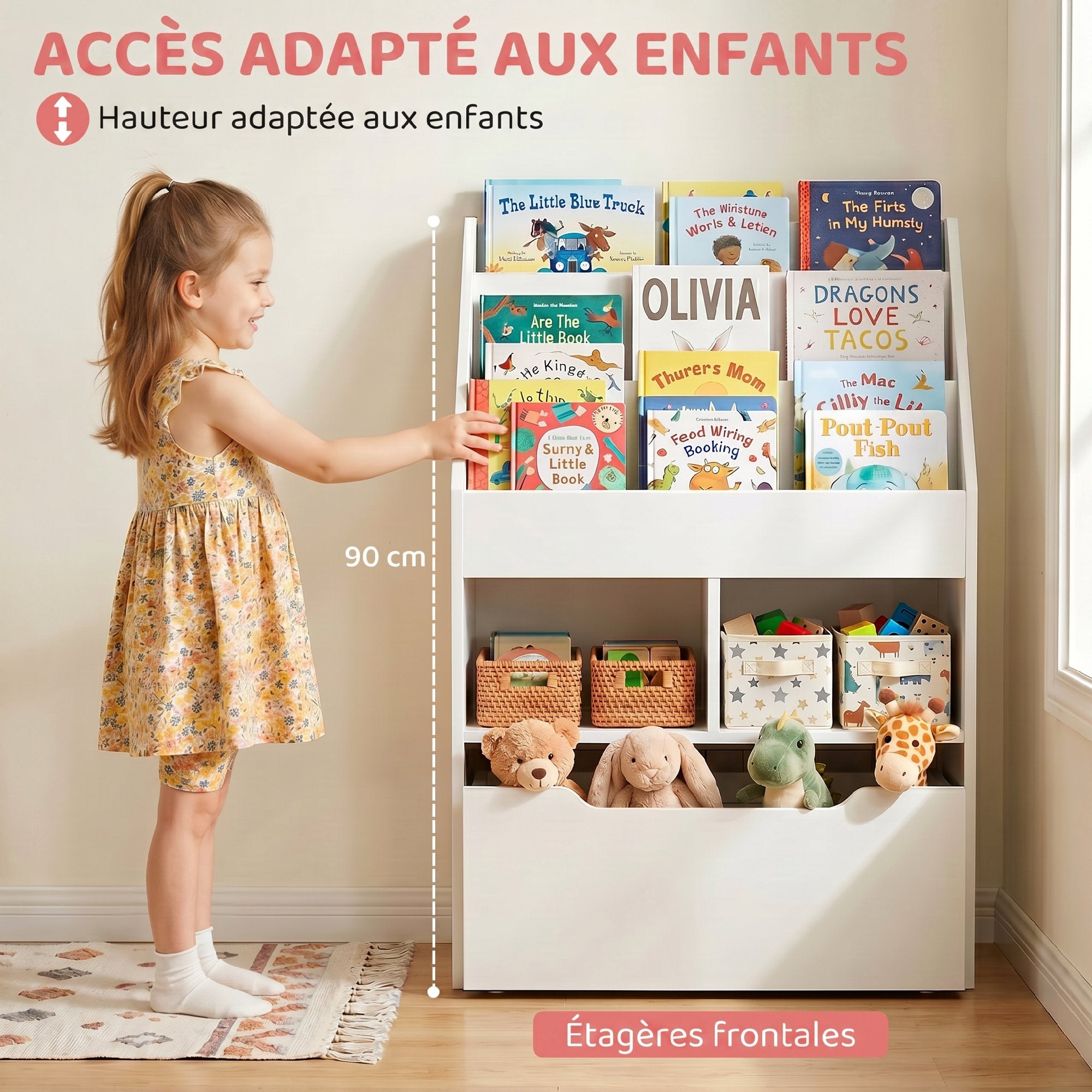 Bibliothèque étagère Multi-Rangement 3 étagères 2 niches Grand tiroir en bois Blanc