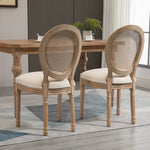Set de 2 sillas de comedor - Silla de salón medallón estilo Luis XVI - Madera maciza tallada, patinada - Respaldo de rejilla - Aspecto lino crema