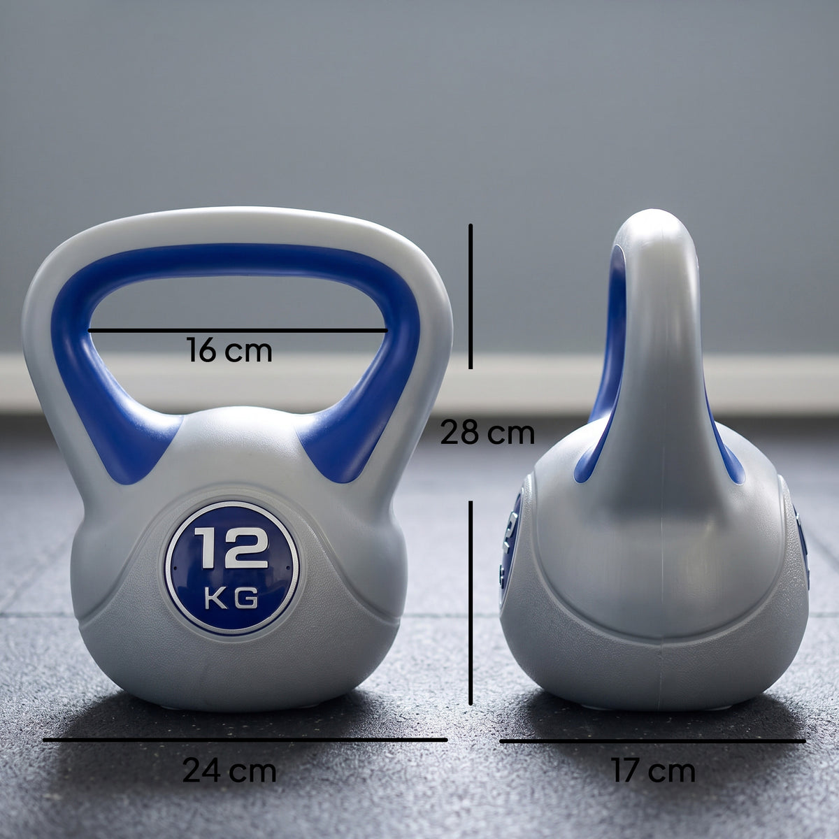 Kettlebell 12 kg, haltère avec poignée ergonomique, haltère à boule, musculation, entraînement, 24 x 17 x 28 cm, bleu
