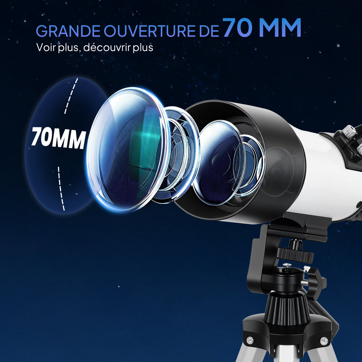 Télescope astronomique adultes et débutants 70 mm, télescope réfracteur 40X/16X trépied réglable, 80 x 80 x 135 cm blanc