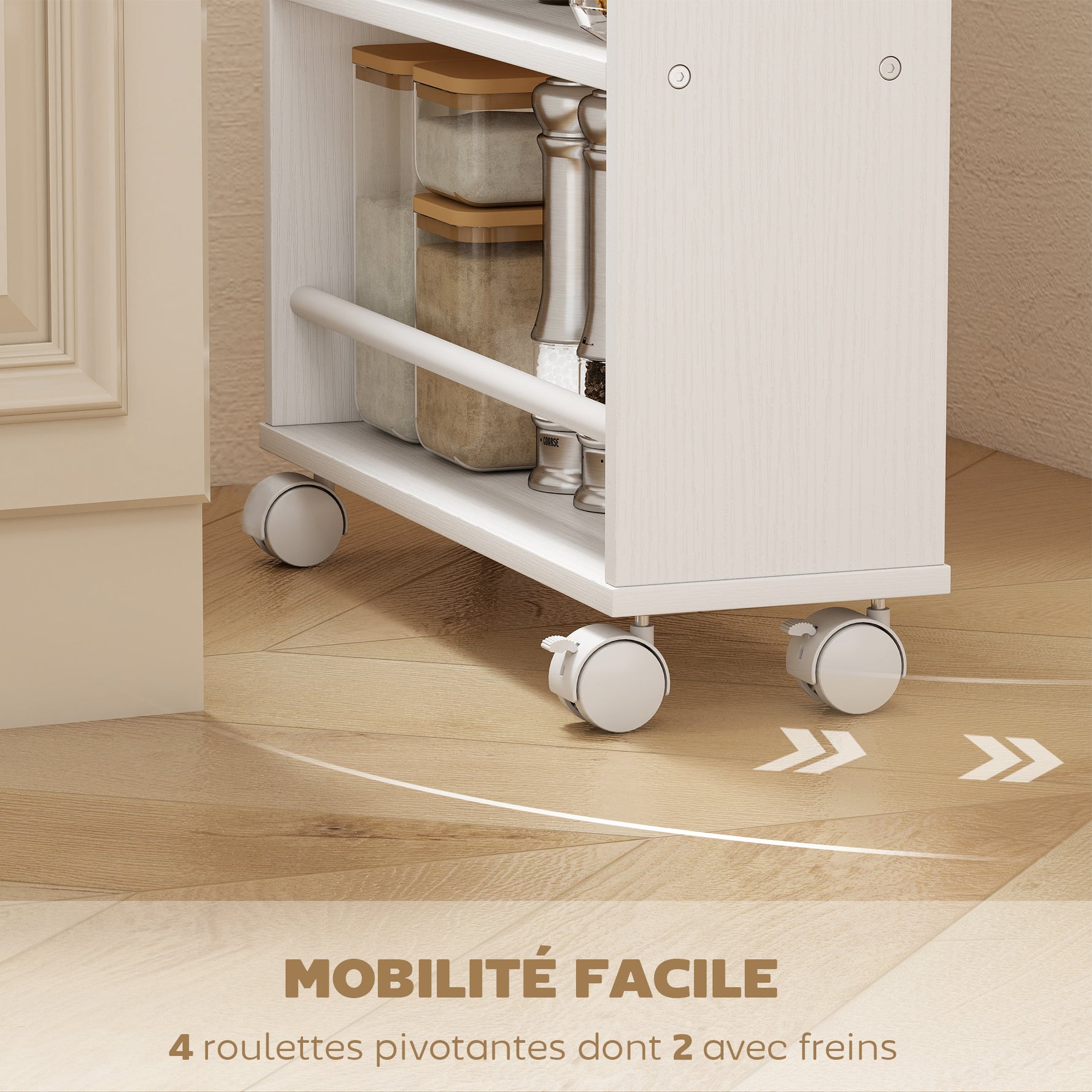 Chariot de rangement à 4 niveaux, desserte à roulettes avec poignées, desserte étroite, 45 x 15 x 91 cm, blanc