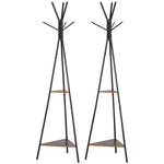 Lot de 2 porte-manteaux trépied meuble d'entrée style industriel branches 2 étagères + 6 patères métal noir