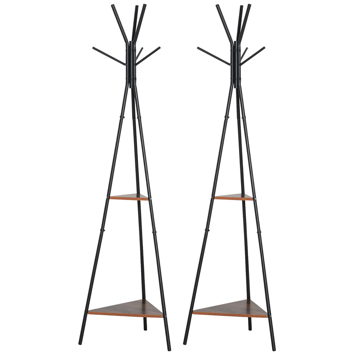Lot de 2 porte-manteaux trépied meuble d'entrée style industriel branches 2 étagères + 6 patères métal noir