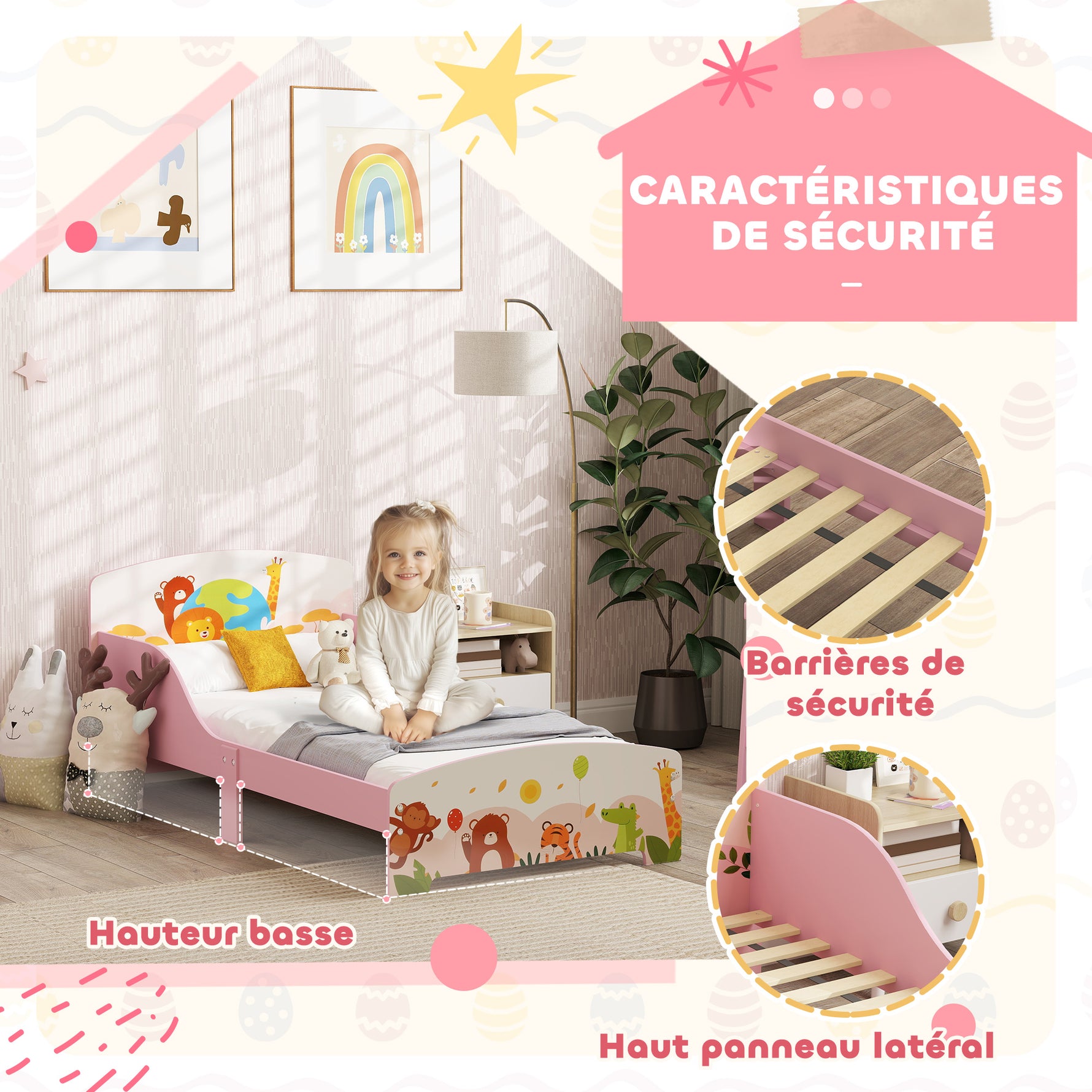 Lit Enfant 70x140 cm motif animal 140 x 70 cm avec sommier à lattes en bois design bas sécurisé rose