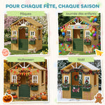 Cabane enfant extérieur en bois, maison enfant extérieure avec porte, fenêtres, 2 bacs à fleurs, 134,5x97x150cm, marron