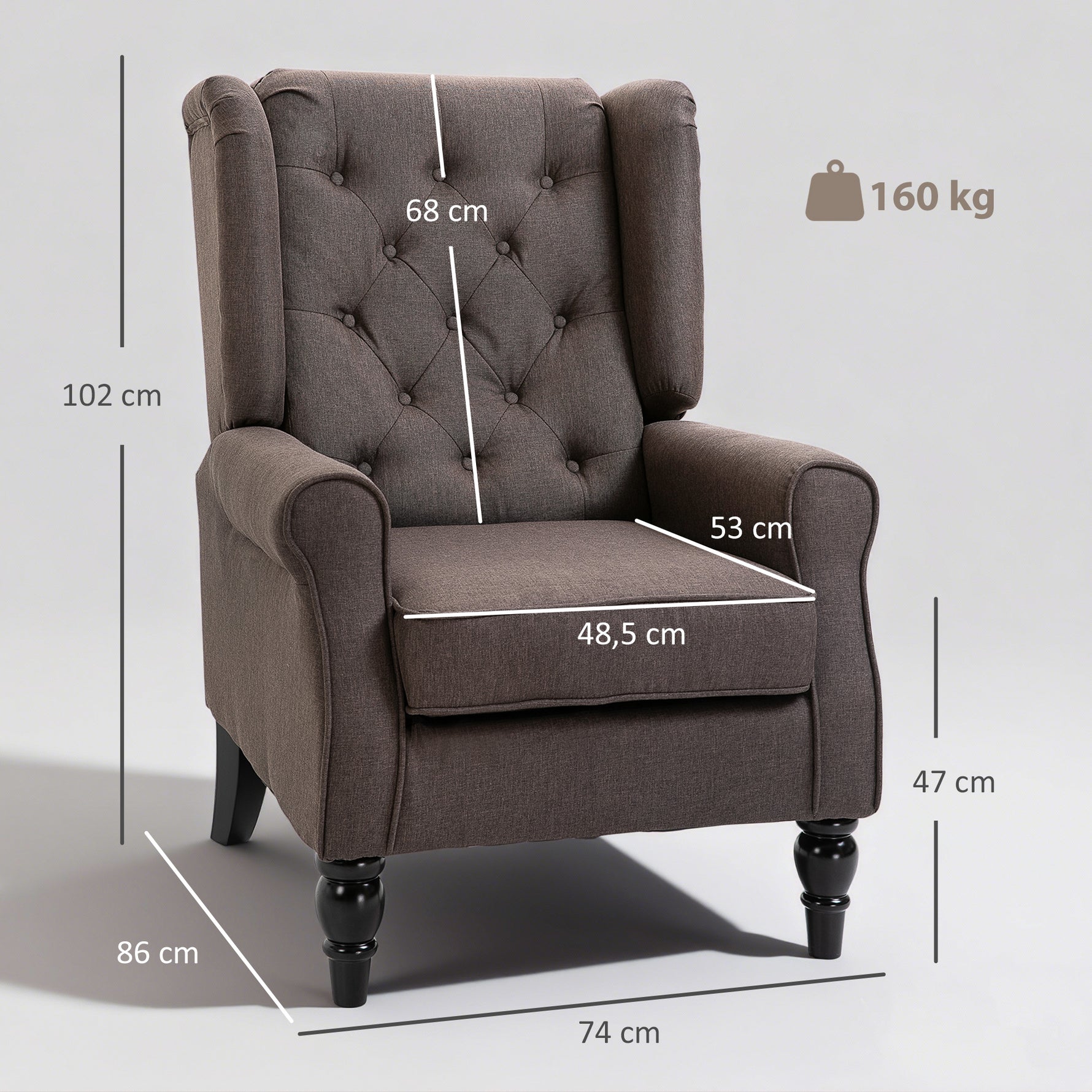 Fauteuil de salon capitonné avec assise large, pieds en bois, style classique, grand confort, 74 x 86 x 102 cm, marron