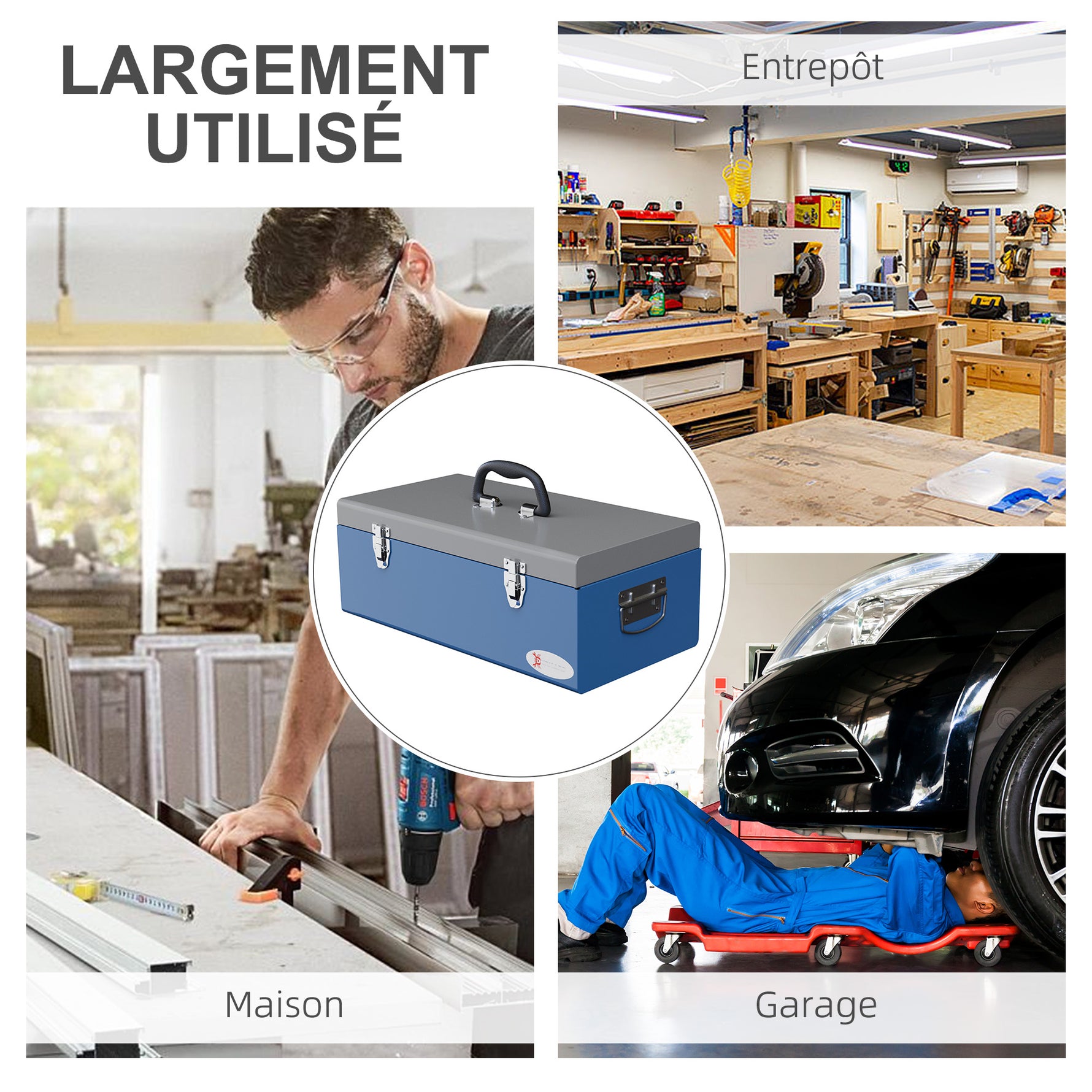Caisse boite à outils en métal transportable avec 3 poignées, 2 loquets, dim. 50L x 26l x 18,5H cm, bleu