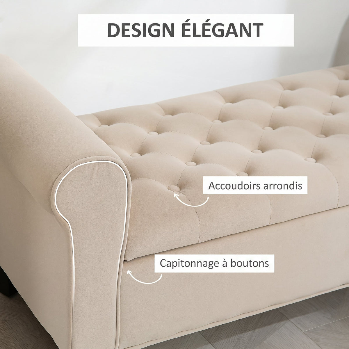 Banc de rangement bout de lit avec accoudoirs, tissu effet velours rembourré et capitonné, 126 x 48,5 x 57 cm, beige