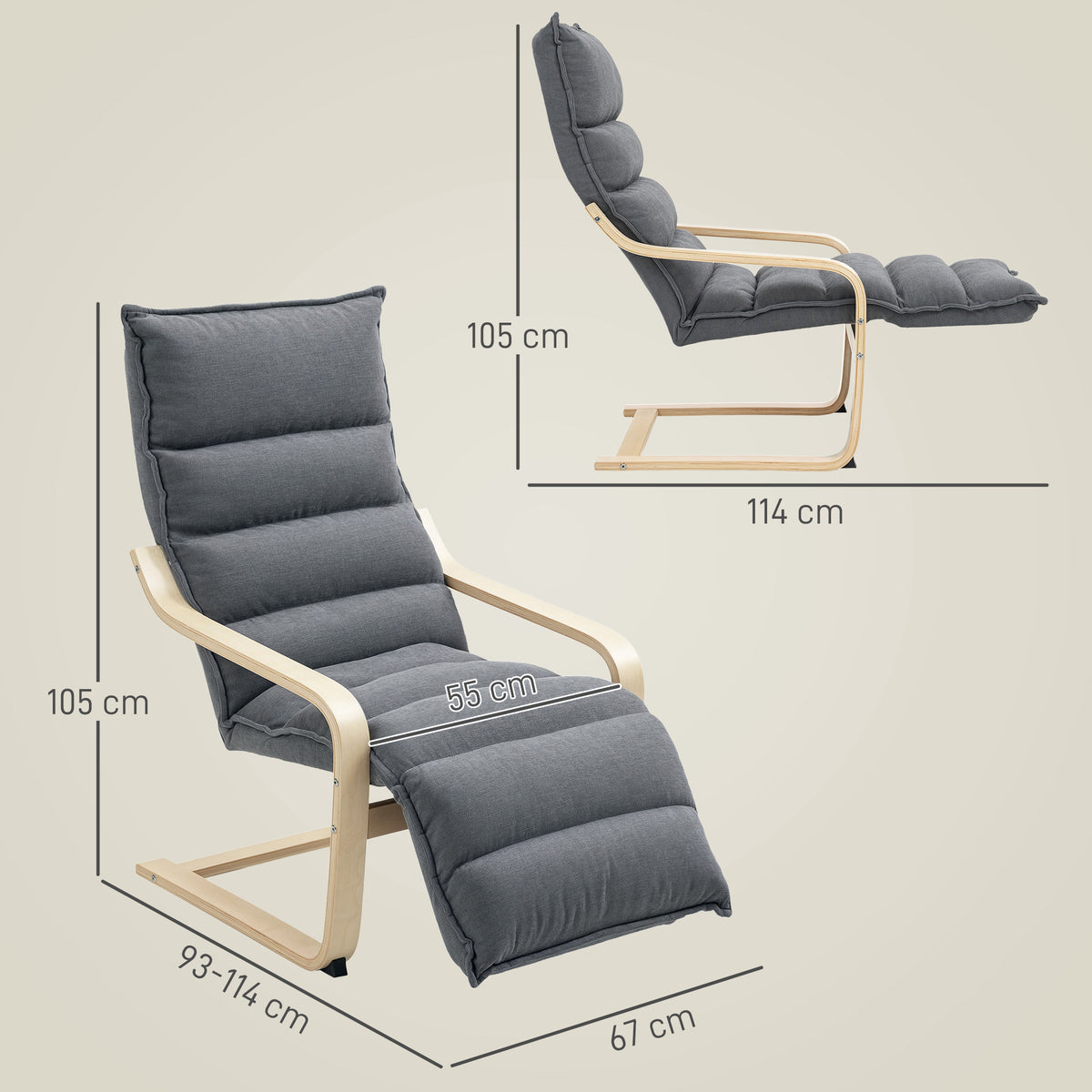 Fauteuil salon, fauteuil d'appoint rembourré en velours, repose-pieds réglable, structure en acier, 67x93x105cm, gris foncé