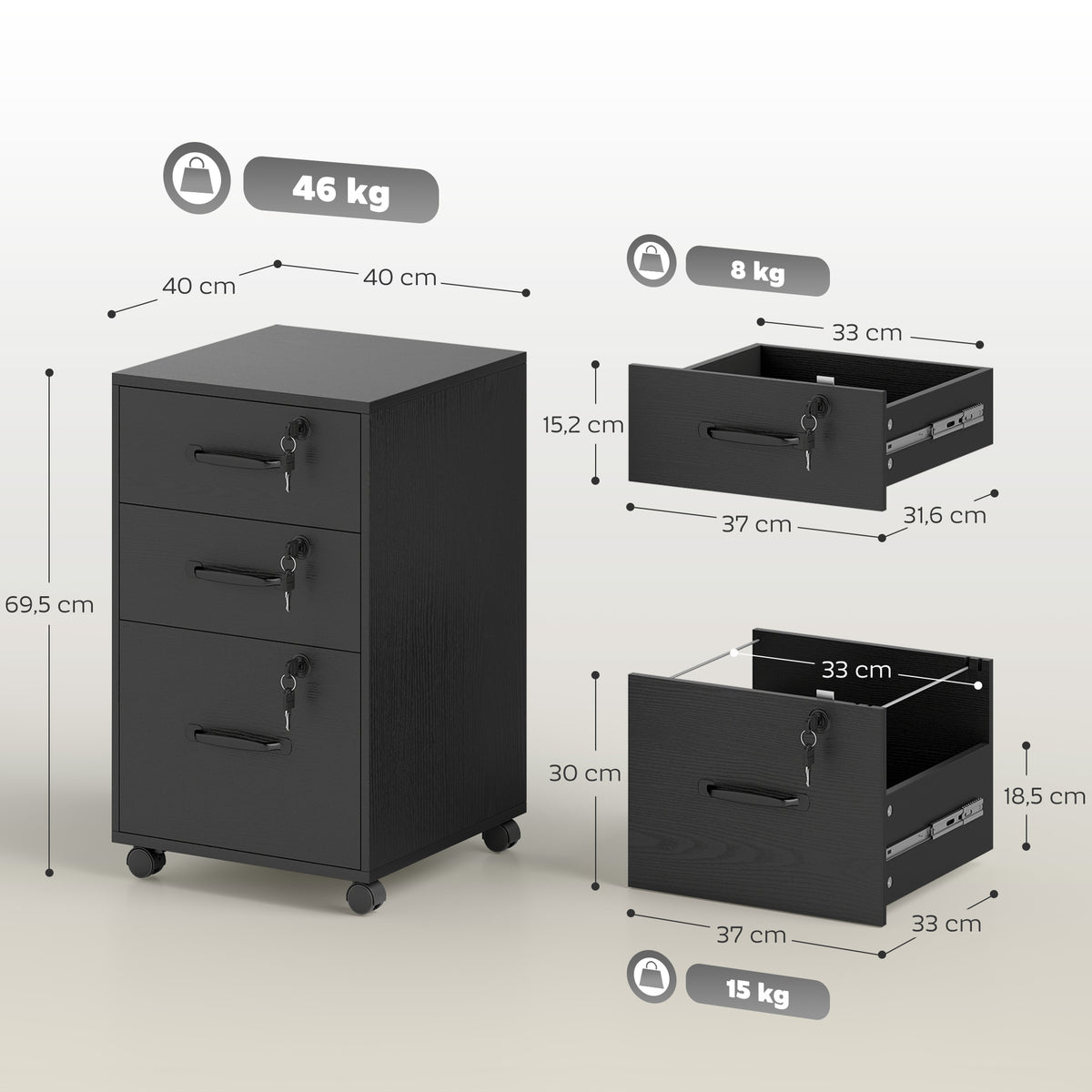 Caisson de Bureau Mobile avec 3 Tiroirs Verrouillables, Caisson de Rangement sur Roulettes, 40 x 40 x 69,5 cm, Noir