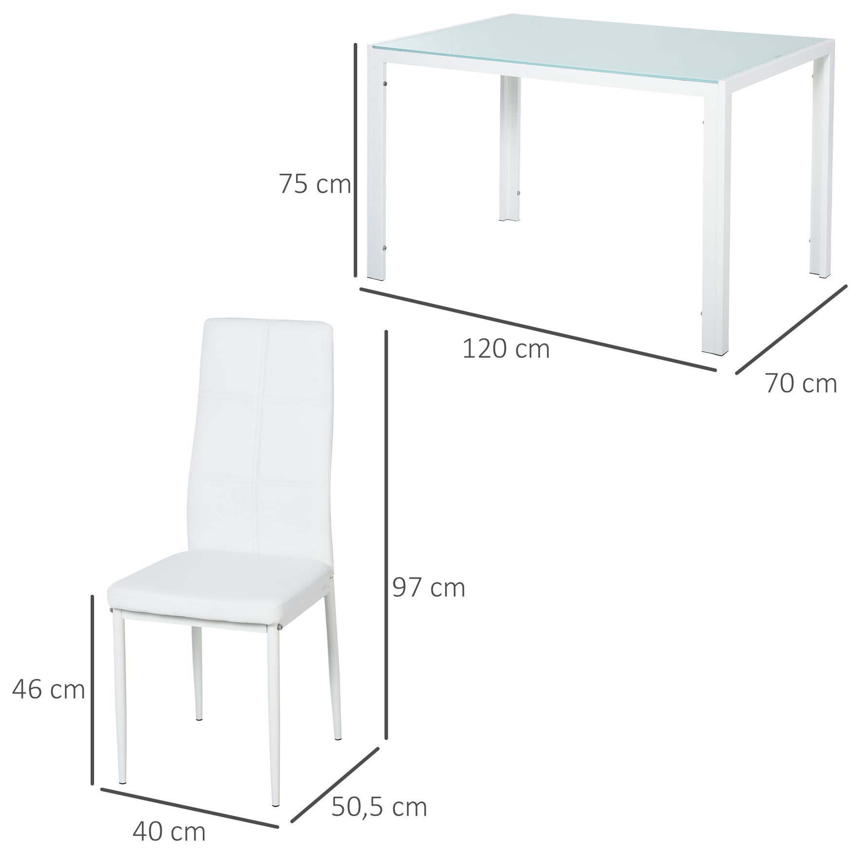 Ensemble table à manger et chaises pour 4 personnes, plateau rectangulaire en verre, pour cuisine salon maison, blanc
