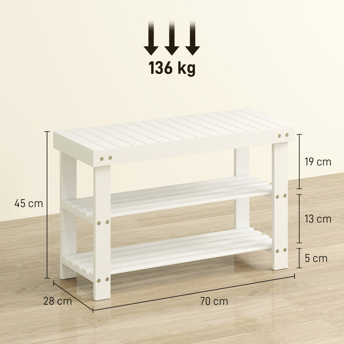 Banc à chaussures en bambou, étagère à chaussures à 3 niveaux, style scandinave, charge 136 Kg, 70 x 28 x 45 cm, blanc