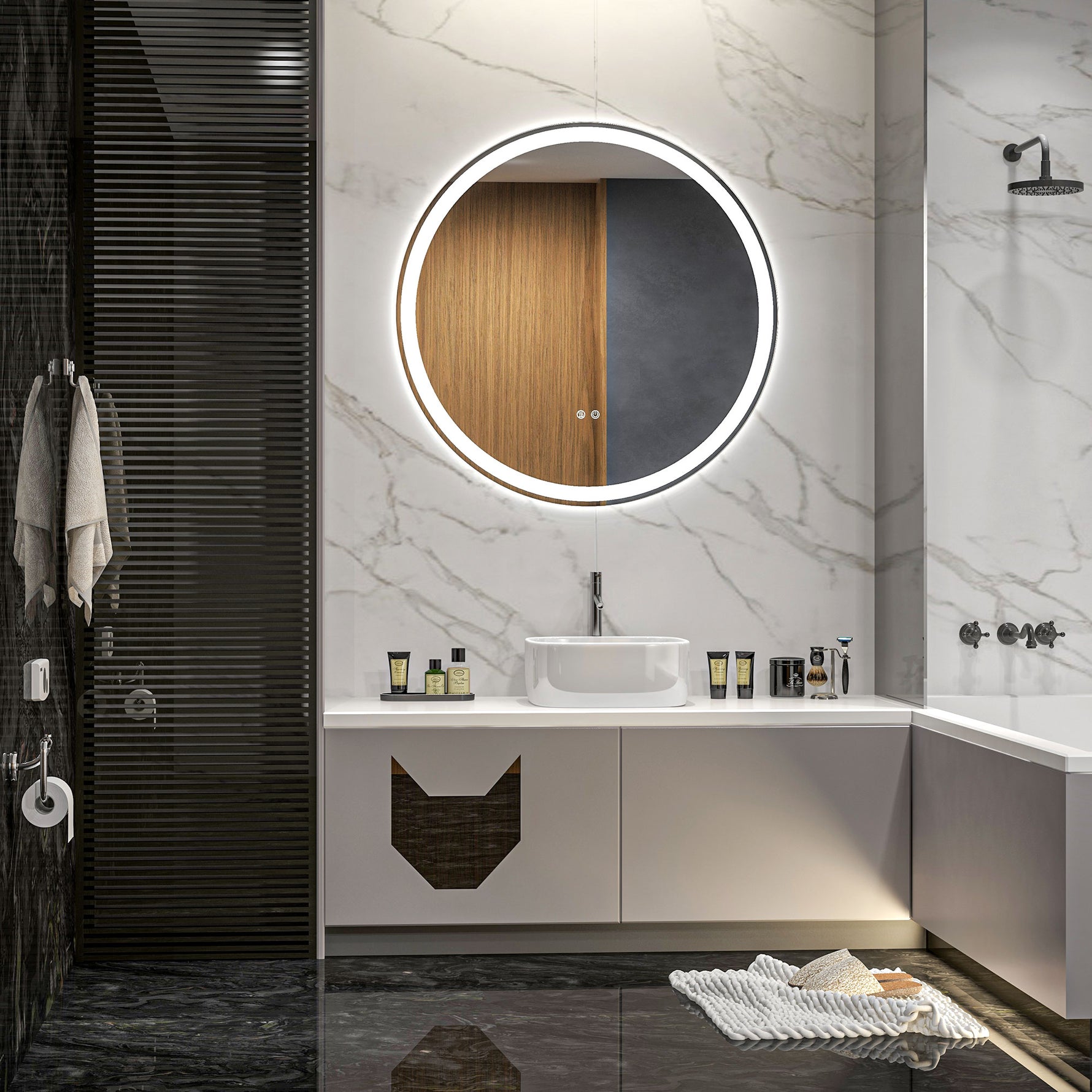 Miroir rond lumineux LED de salle de bain Ø 80 cm mural avec éclairage 3 couleurs interrupteur tactile 46W blanc argent