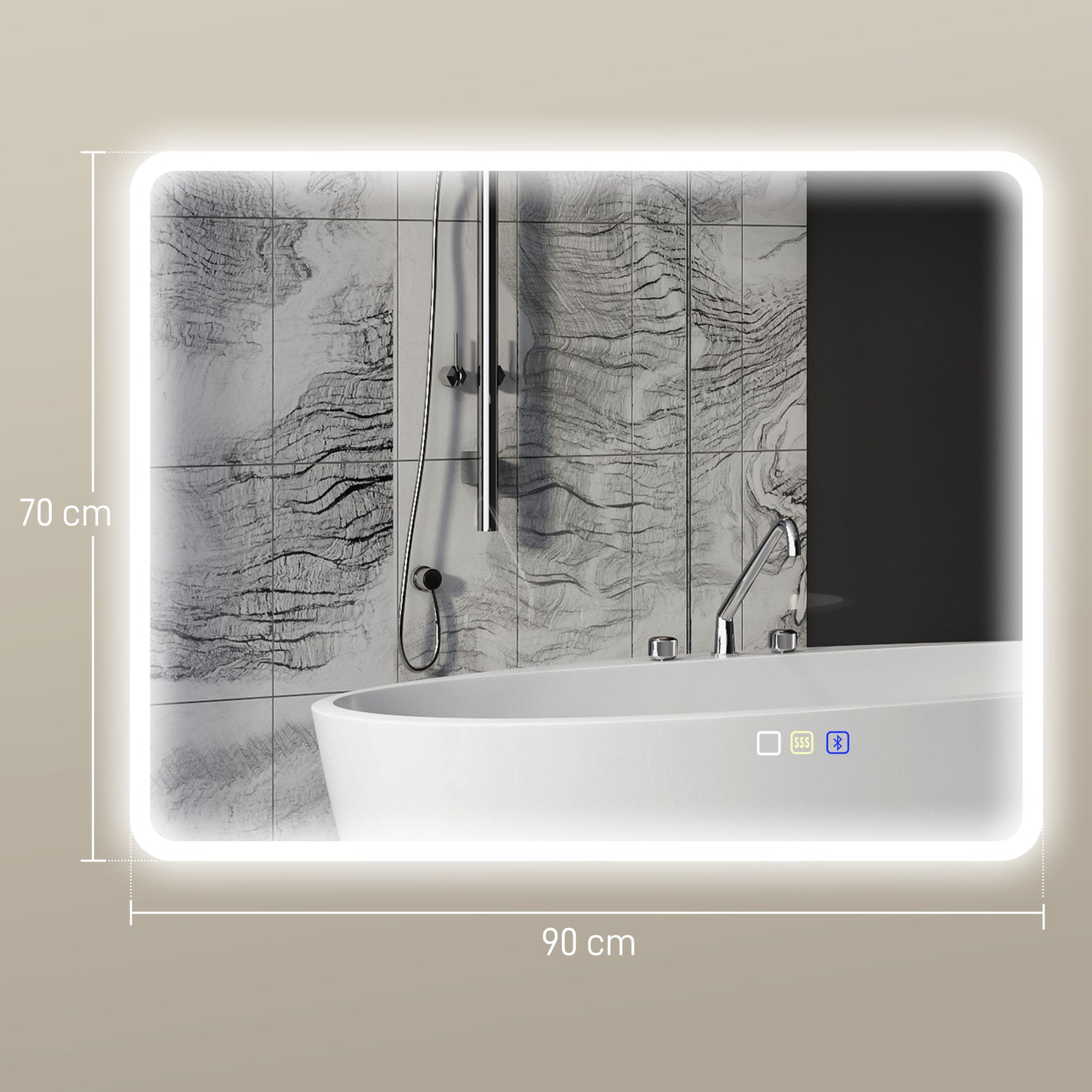 Miroir salle de bain LED bluetooth 70 x 90 cm interrupteur tactile lumière réglable 3 couleurs anti-buée mémoire argent