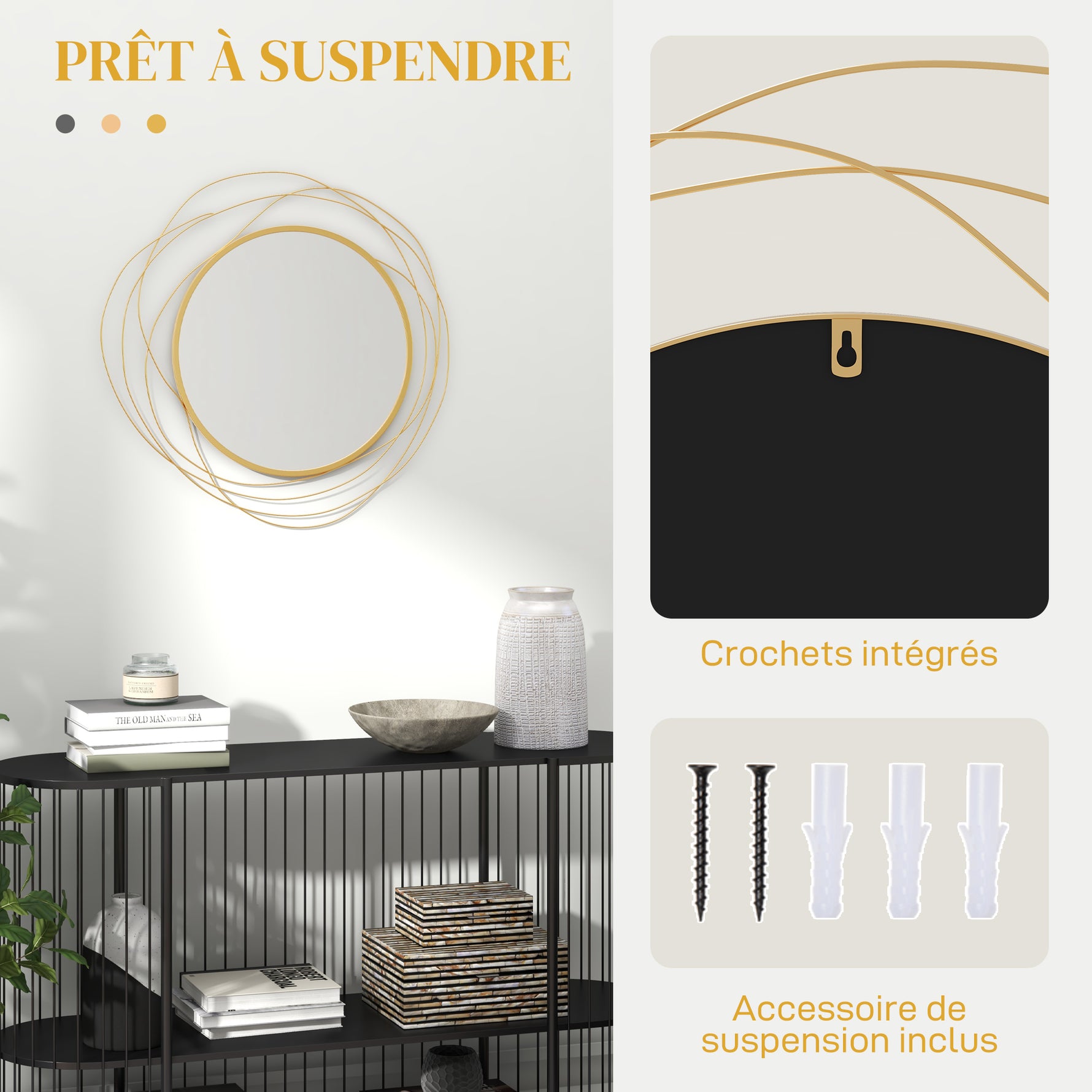 Miroir rond en métal filaire doré, décoration style moderne, diamètre Φ65 cm