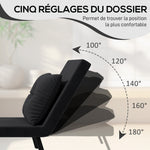 Fauteuil convertible 4 en 1 lit 1 place dossier 5 positions, accoudoirs en bois et coussin, tissu effet velours, noir