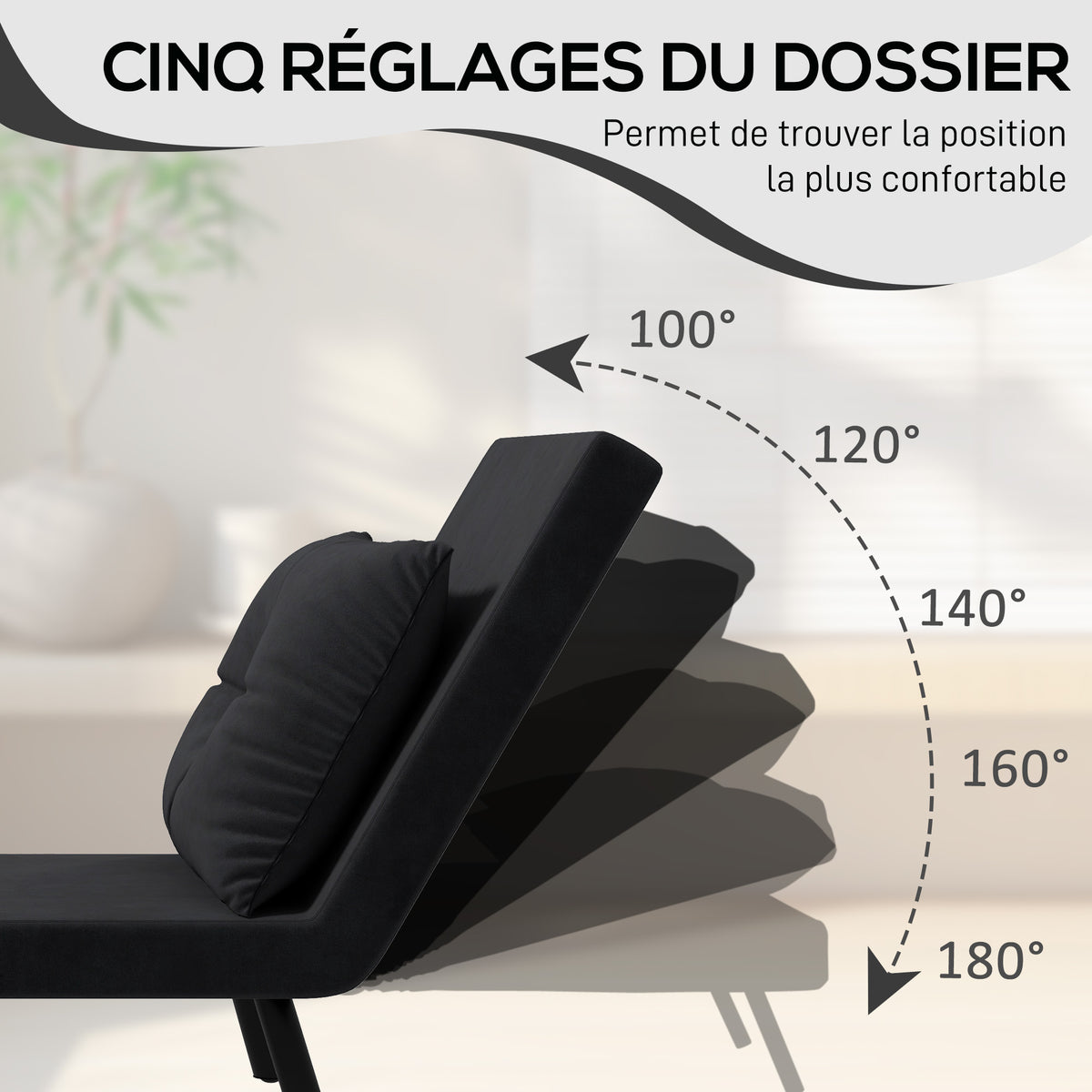 Fauteuil convertible 4 en 1 lit 1 place dossier 5 positions, accoudoirs en bois et coussin, tissu effet velours, noir