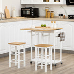 Ensemble table de bar pliable roulettes + 2 tabourets blanc et bois clair - 2 tiroirs et porte-torchons
