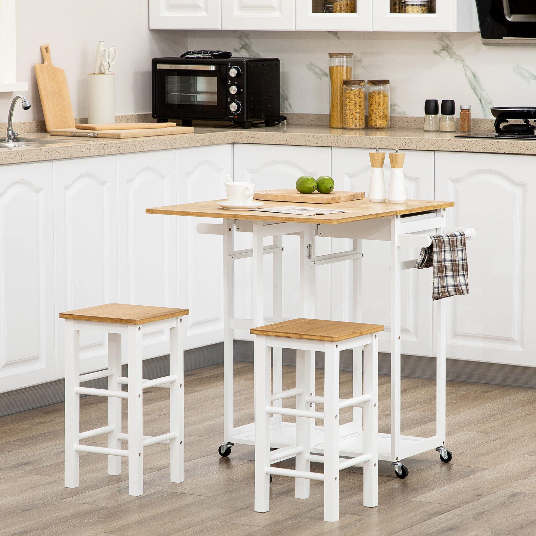 Ensemble table de bar pliable roulettes + 2 tabourets blanc et bois clair - 2 tiroirs et porte-torchons