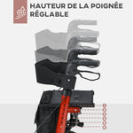 Déambulateur 4 Roues Pliable en Aluminium, Hauteur Réglable 6 Positions, Freins Doubles, Rangement, 64x67x92cm, Rouge