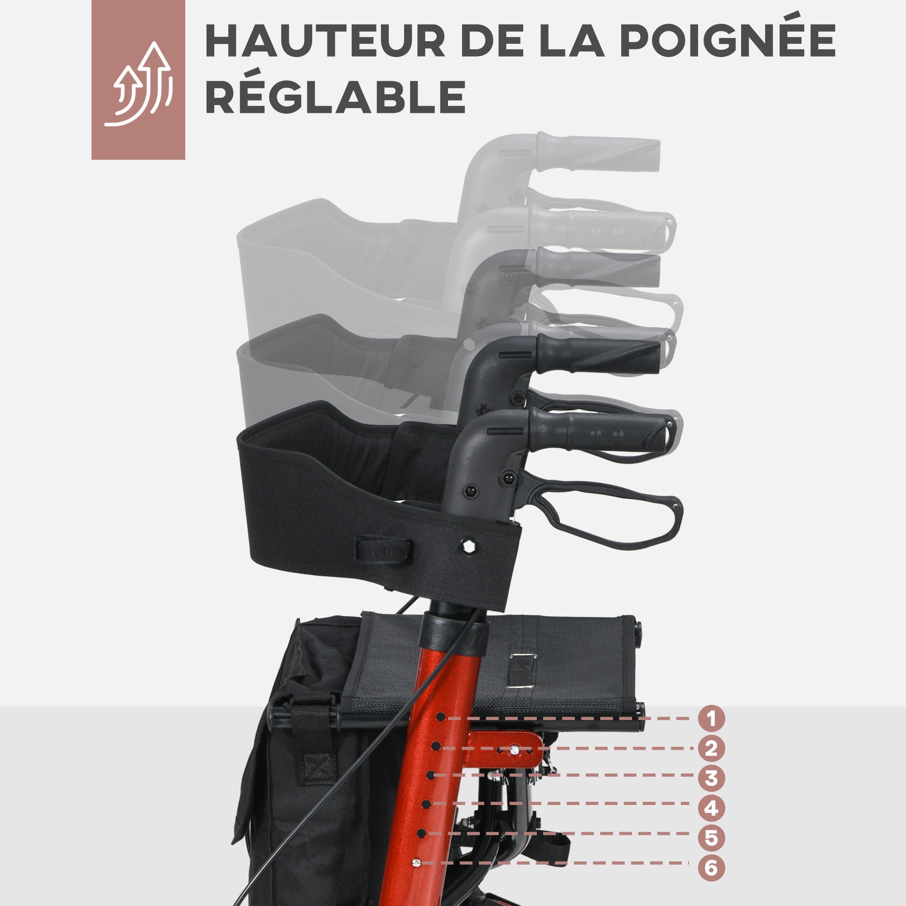 Déambulateur 4 Roues Pliable en Aluminium, Hauteur Réglable 6 Positions, Freins Doubles, Rangement, 64x67x92cm, Rouge
