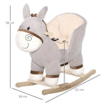 Cheval à Bascule modèle âne Fonction Musicale Selle Grand Confort Peluche Courte Douce Bois peuplier Gris dim. 61L x 34l x 58H cm