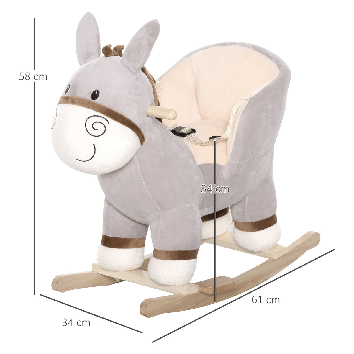 Cheval à Bascule modèle âne Fonction Musicale Selle Grand Confort Peluche Courte Douce Bois peuplier Gris dim. 61L x 34l x 58H cm