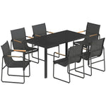 Ensemble de Salle à Manger d'Extérieur 7 Pièces pour 6 Personnes, Table en Verre et Chaises avec Accoudoirs Décoratifs, Maille Résistante aux Intempéries, Noir
