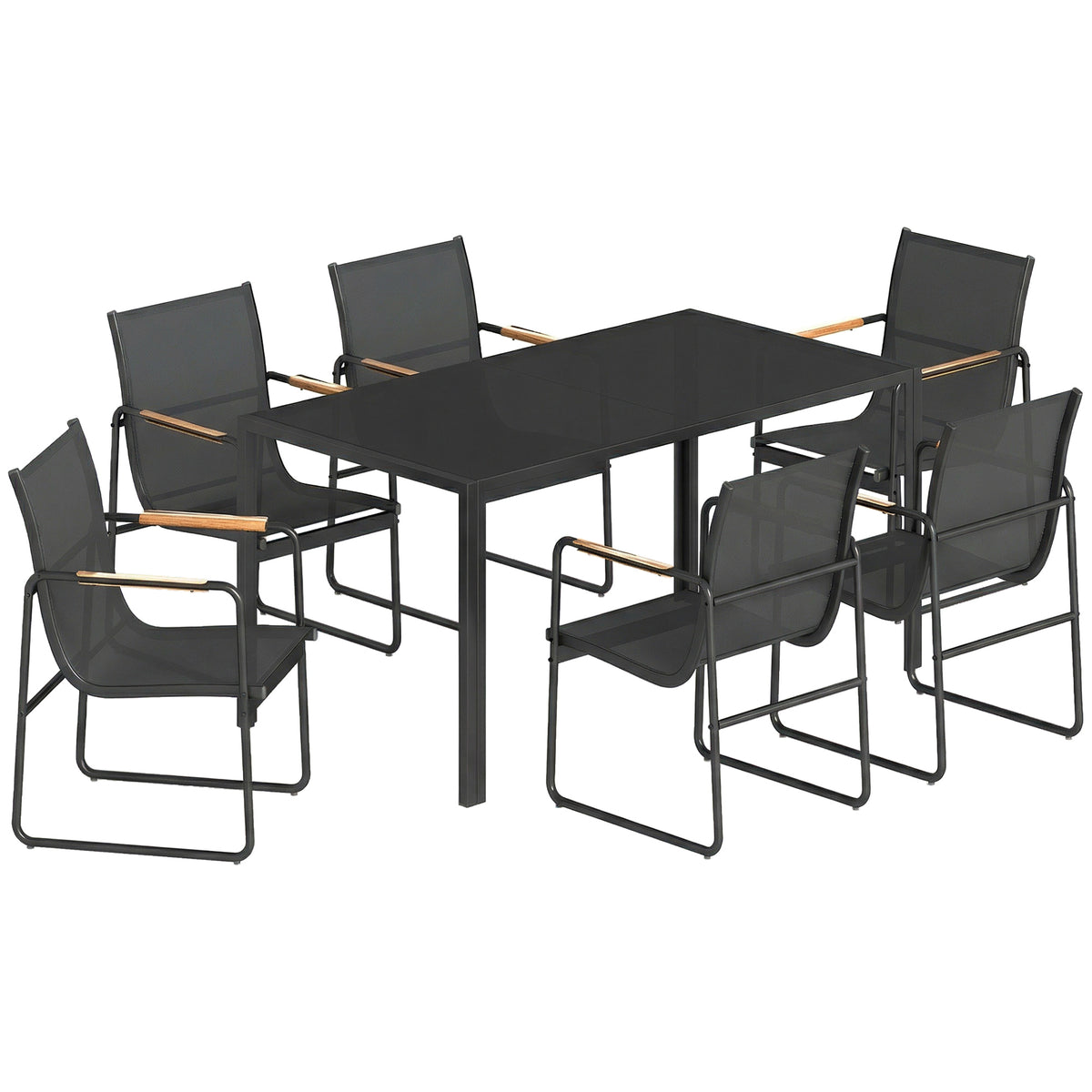 Ensemble de Salle à Manger d'Extérieur 7 Pièces pour 6 Personnes, Table en Verre et Chaises avec Accoudoirs Décoratifs, Maille Résistante aux Intempéries, Noir