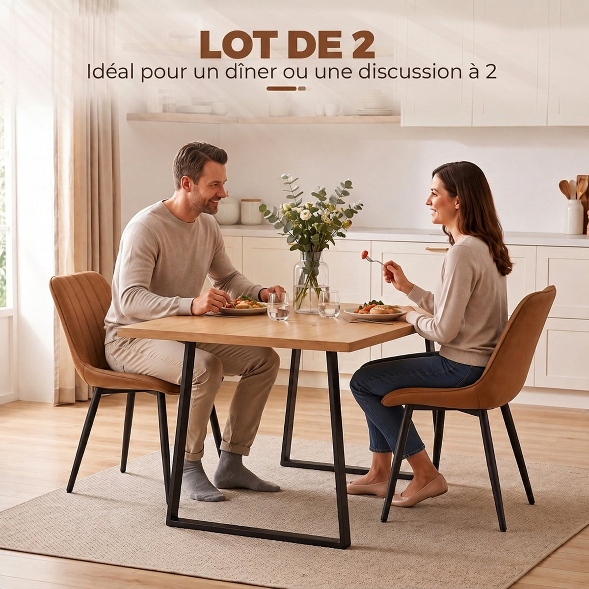 Lot de 2 Chaises de Salle à Manger Modernes, Dossier et Assise Incurvés, en Revêtement Synthétique, 51x61x78cm, Marron
