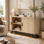 Buffet salon, meuble de rangement ovale avec 2 portes coulissantes et étagères réglables, 140x40x75cm, bois naturel