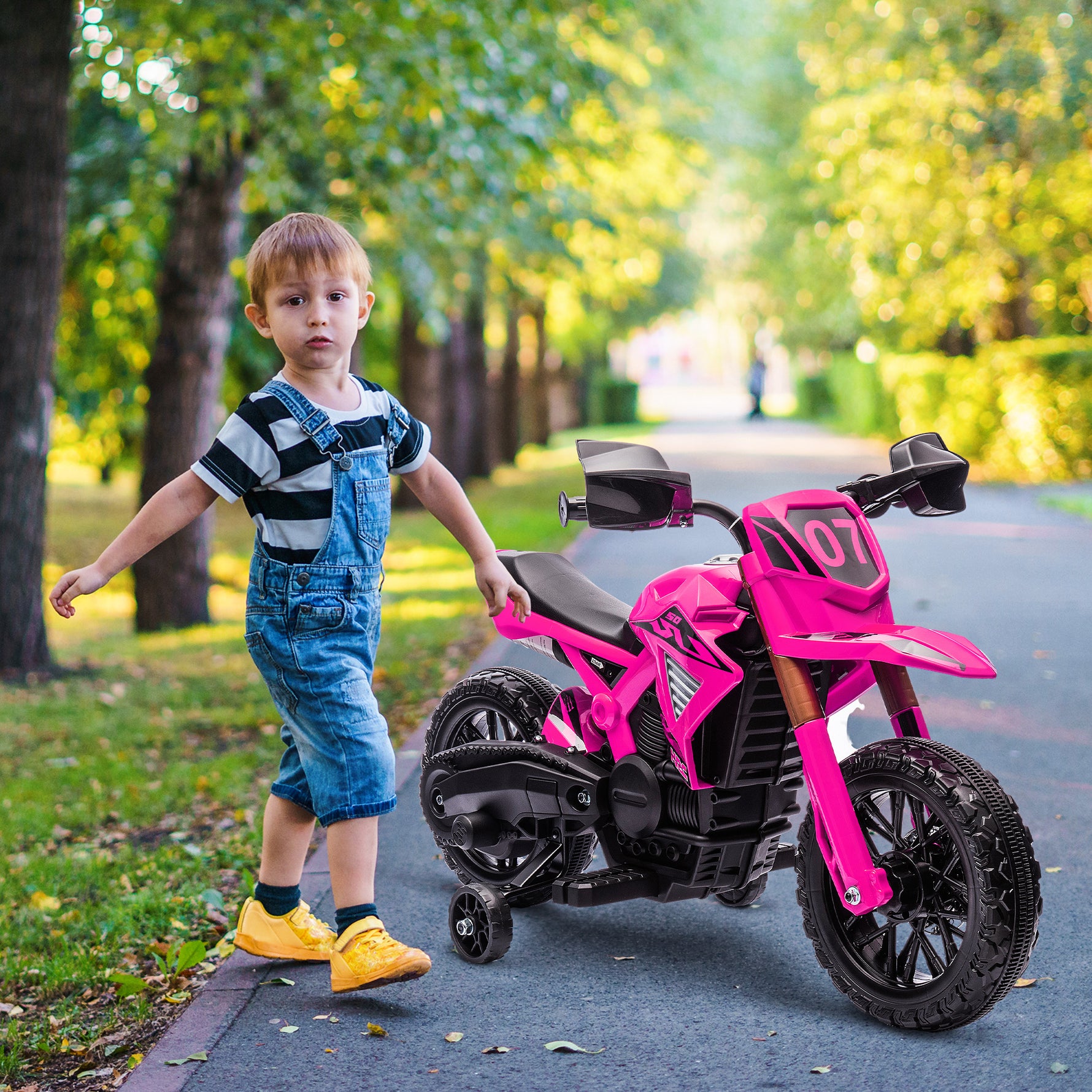 Moto cross électrique pour enfants 3-8 ans, batterie 6 V, 2 moteurs, klaxon et roues d'entraînement, charge 30KG, rose