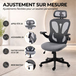 Chaise Bureau Ergonomique avec Accoudoirs 3D et Appui-Tête Réglable, Fauteuil de Bureau en Maille, Gris