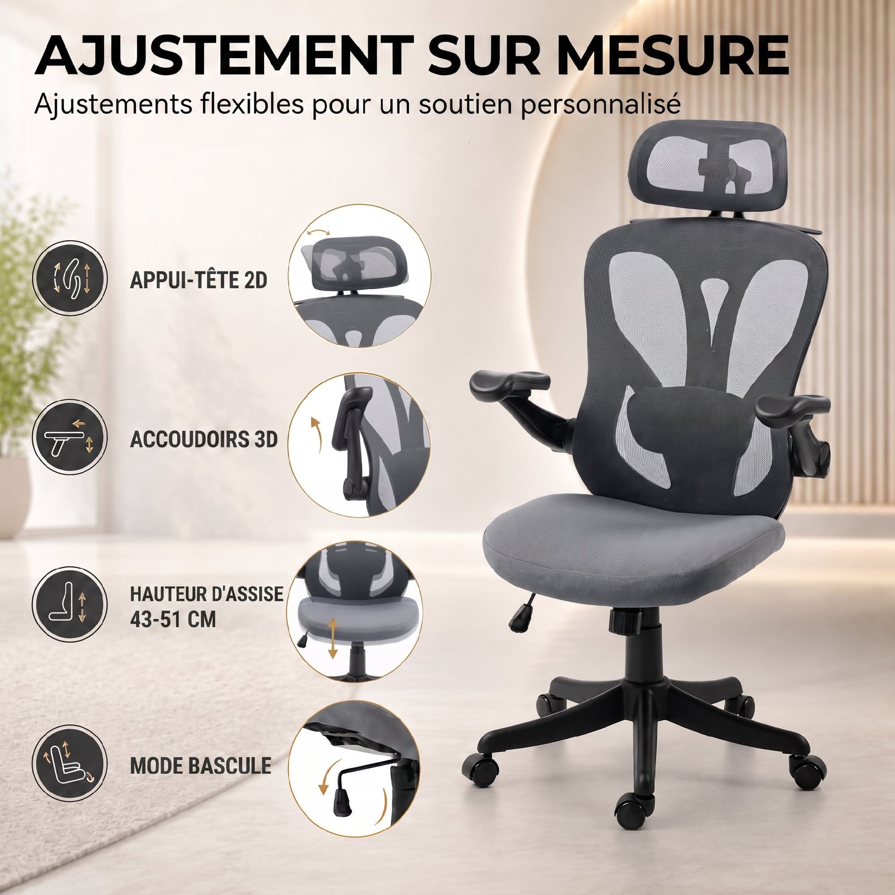 Chaise Bureau Ergonomique avec Accoudoirs 3D et Appui-Tête Réglable, Fauteuil de Bureau en Maille, Gris