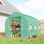 Serre tunnel de jardin 6m², serre de jardin avec étagères, porte et 6 fenêtres, cadre en acier galvanisé, vert
