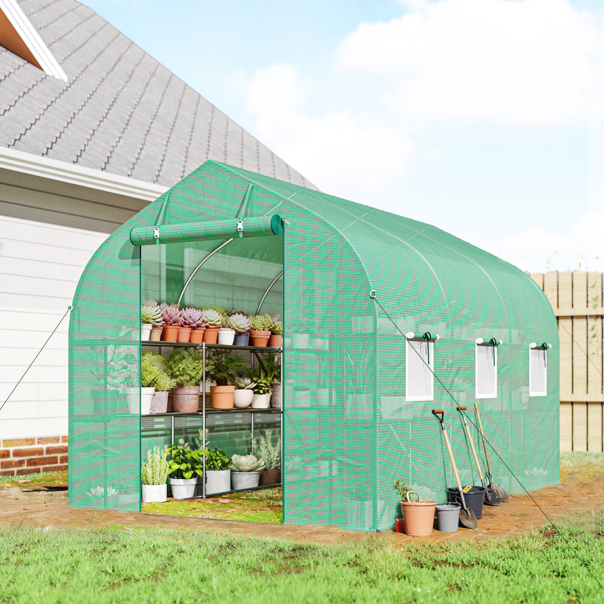 Serre tunnel de jardin 6m², serre de jardin avec étagères, porte et 6 fenêtres, cadre en acier galvanisé, vert