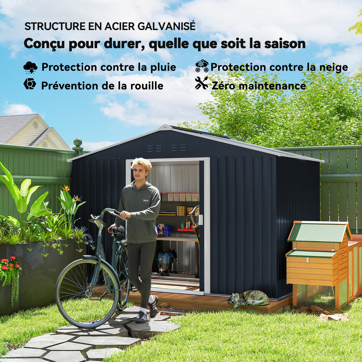 Abri de jardin 5,4 m² 2,77 x 1,95 x 1,92 m kit de fondation incluse porte coulissante ventilations tôle acier gris foncé