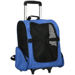 2-in-1-Hundetransporttasche mit Rollen, Trolley, Wagen und Rucksack für Hund und Katze mit Teleskopgriff, Aufbewahrungsfächern, Belüftungsöffnungen und Sicherheitsgurt, 42 x 25 x 55 cm, blau