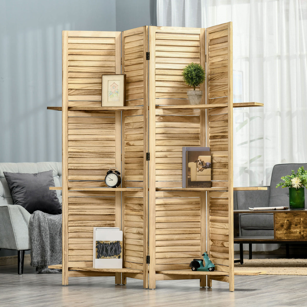 Paravent intérieur 4 panneaux 3 étagères pliables portes persiennes bois de paulownia aspect pin autoclave