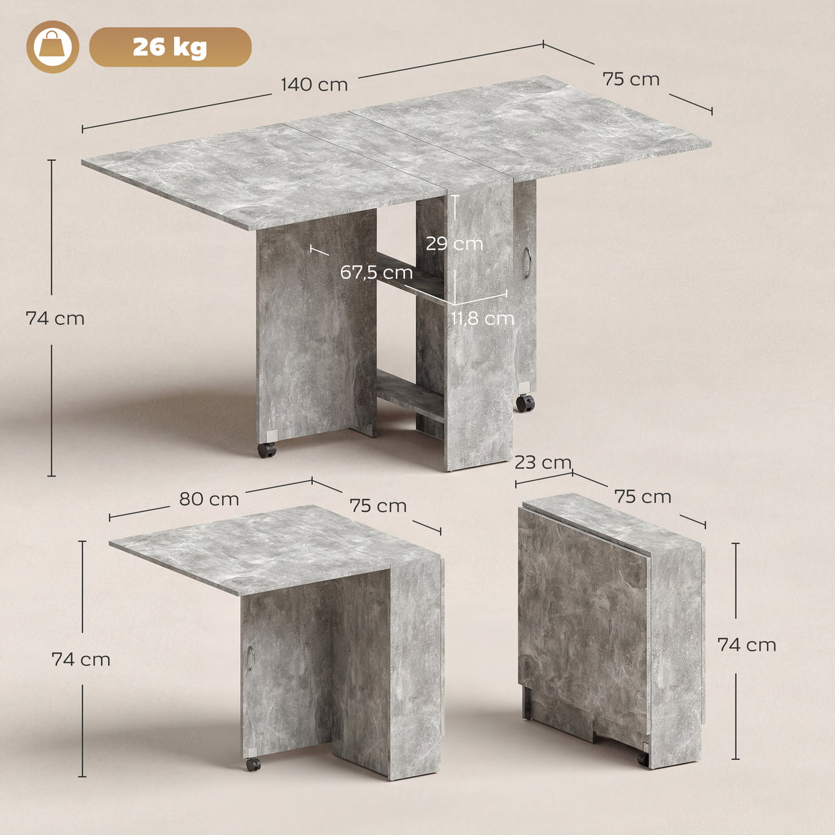 Table pliante de cuisine salle à manger amovible sur roulettes 75L x 140l x 74H cm 2 étagères intégrées en bois