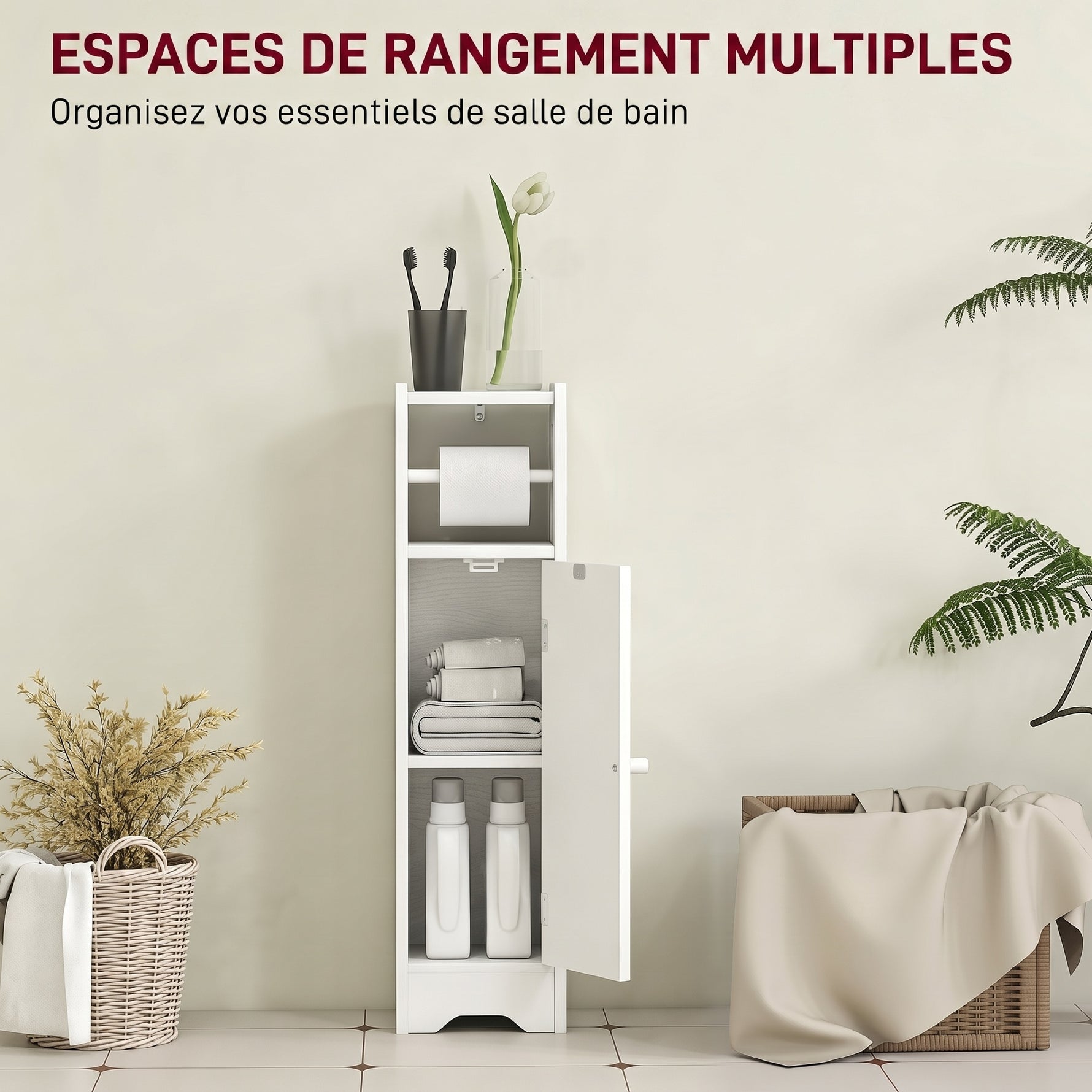 Meuble salle de bain meuble toilettes WC rangement étroit avec étagère réglable gain de place pour petits espaces blanc