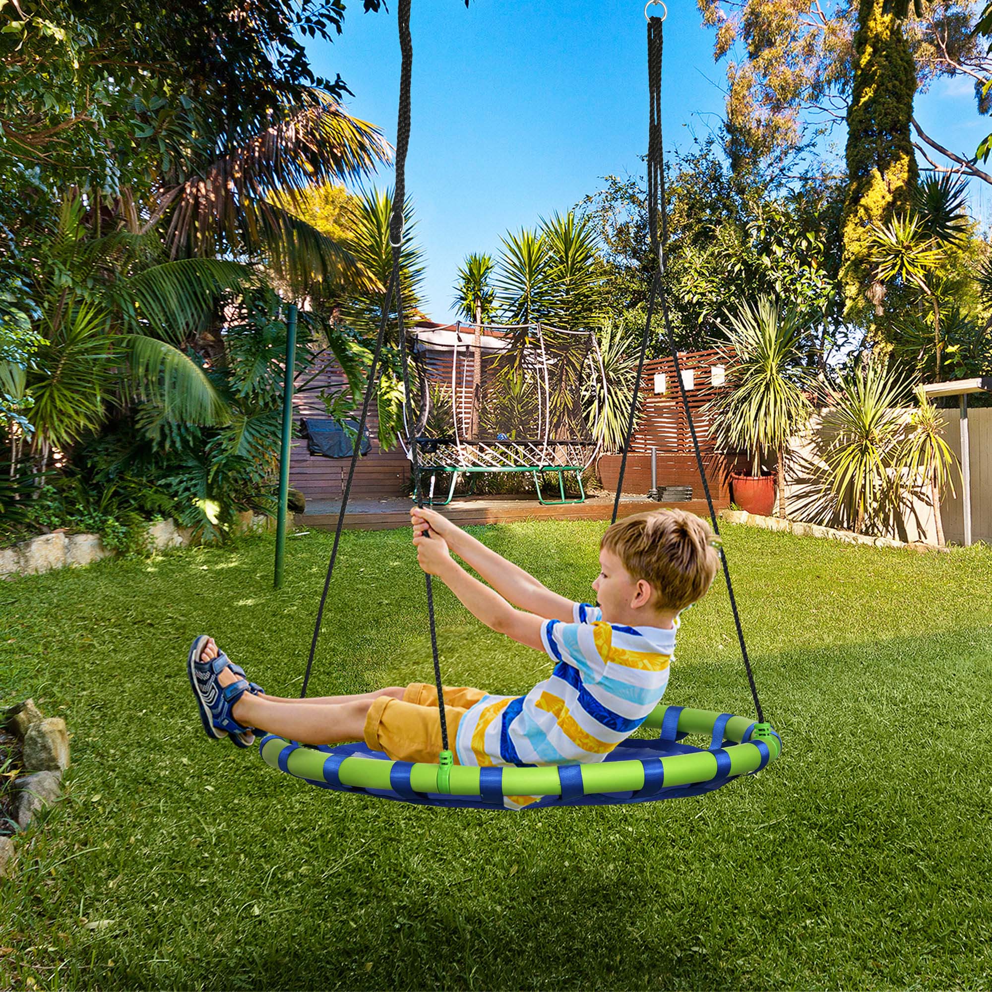 Altalena a nido rotonda ad altezza regolabile, da appendere, per bambini e adulti, per giardino, portata 150 kg, Ø 100 cm, blu